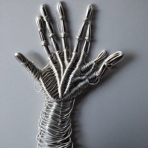 Image similar to realistic silver metal detailed wire sculpture of a human hand, intricate, anatomically correct