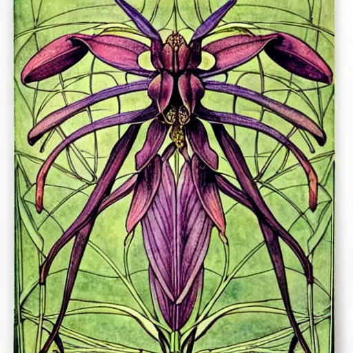 Image similar to orchid mantis by William Morris and Carlos Schwabe, horizontal symmetry, exquisite fine details, baroque ornamentation, Art Nouveau botanicals, deep rich moody colors