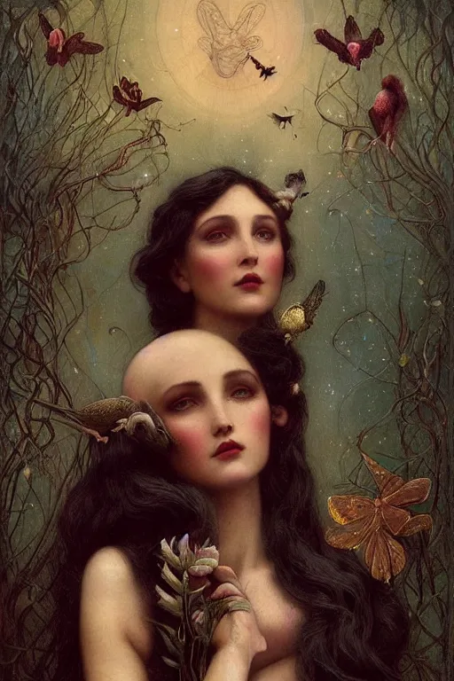 Image similar to An extremely beautiful young woman explaining the birds and the bees by Tom Bagshaw in the style of a modern Gaston Bussière, art nouveau, art deco, surrealism. Extremely lush detail. Melancholic night scene. Perfect composition and lighting. Profoundly surreal. High-contrast lush surrealistic photorealism. Sultry and mischievous expression on her face.