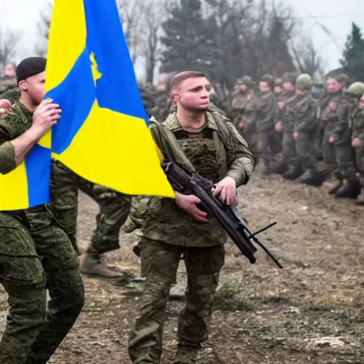 Image similar to Joe Biden fights in the azov battalion in the Ukraine War holding a ukrainian flag