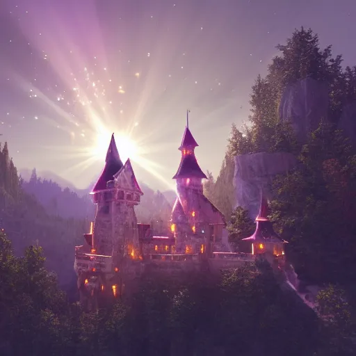 Image similar to beautiful magical castle above the forest, high fantasy, sunlight, lens flare, light fixtures, 8K, detailed, photorealism, artstation