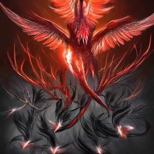 Prompt: different firebirds intertwined in the same body, multiple birds, different feathers, different heads of birds, all intertwined, bloodborne, digital art, dark fantasy, concept art