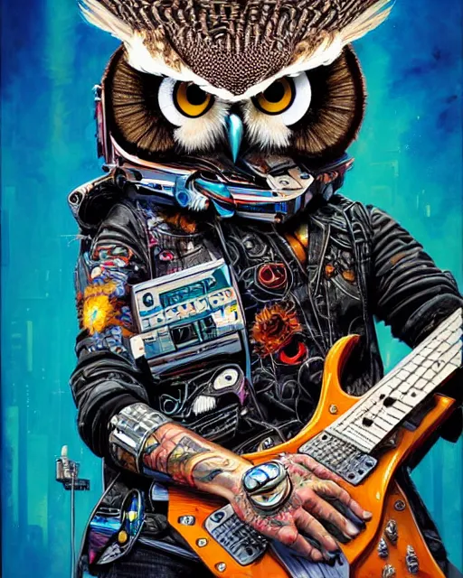 Image similar to a portrait of an anthropomorphic cyberpunk owl shredding an electric guitar by sandra chevrier, by jon foster, detailed render, tape deck, epic composition, cybernetics, 4 k realistic, cryengine, realistic shaded lighting, sharp focus, masterpiece, by enki bilal