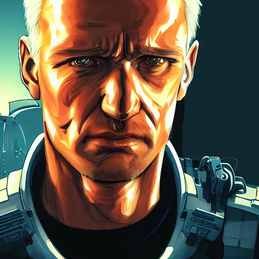 Image similar to James Cameron as the T-800 Terminator, the terminator robot looks exactly like James Cameron, ambient lighting, 4k, anime key visual, lois van baarle, ilya kuvshinov, rossdraws, artstation