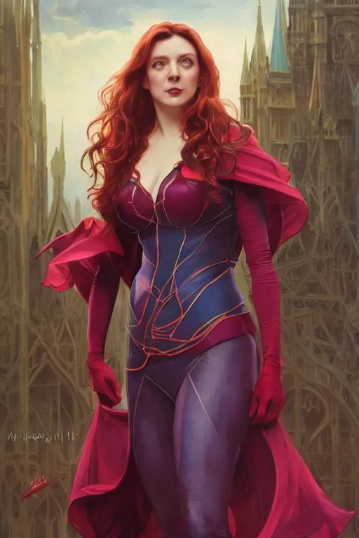 Image similar to Liz Truss as The Scarlet Witch, highly detailed character in digital fantasy, painted portrait, artstation, concept art, hard focus, illustrations, works by Artgerm and Greg Rutkowski, Alphonse Mucha and Craig Mullins, James Gene, Andrey Ryabovichev, Mark Simonetti and Peter Morbacher, 16 thousand