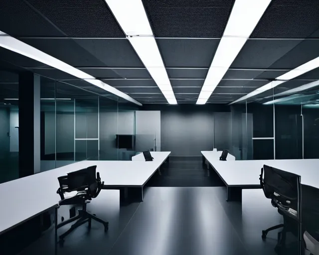 Image similar to a modern office with all the lights off, dark office. all the workers are standing up, staring blankly. a tall shadowy shape moves in the background. HD digital photograph, cinema verite.