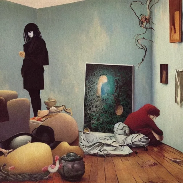 Image similar to tall female emo artists in their flooded apartment, rotenburo, painting of flood waters inside an artist's home, a river flooding indoors, pomegranates, pigs, ikebana, zen, water, octopus, river, rapids, waterfall, black swans, canoe, berries, acrylic on canvas, surrealist, by magritte and monet