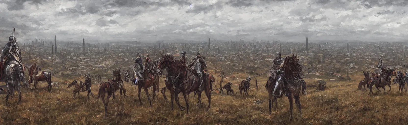 Image similar to horseback knights at scenic overlook; cloudy, grey skies, tent camp in foreground, fortress city of deteriorating office buildings in background upon hill, post apocalyptic, grungy; oil on canvas, artstation