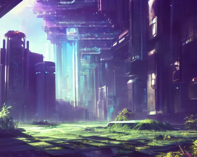 Image similar to scenery artwork, scene beautiful, light!! light essential futuristic city world and nature vegetation with daylight, surrealism oil on canvas, artstation!! pixiv!! dream scenery, quality astral projection render, nier automata concept art, vaporwave textures