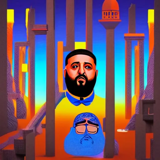 Image similar to ultra realistic portrait of dj khaled in a studio, ultra detailed, under blue, red and yellow cinematic lighting, salvador dali, cartoon, monument valley, escher