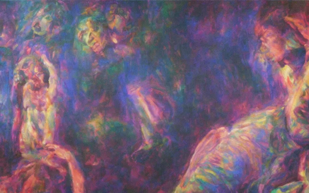 Image similar to movie still from waxworks, award winning oil painting, chromatic iridescence