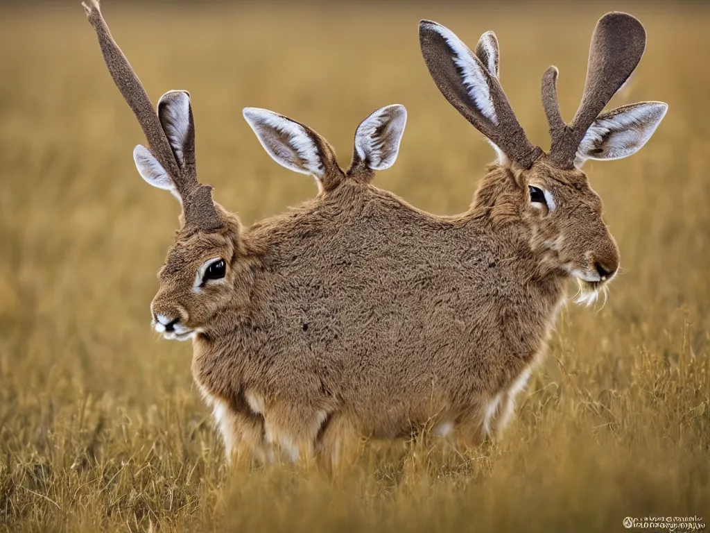 Image similar to a photograph of a jackalope grazing in a field, by national geographic, ultra real, 8 k, high resolution, golden hour, depth of field, nature photography