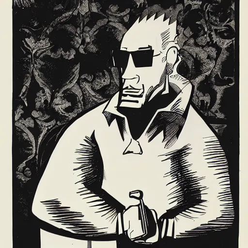 Prompt: man with glasses, heavy ink, by mike mignola