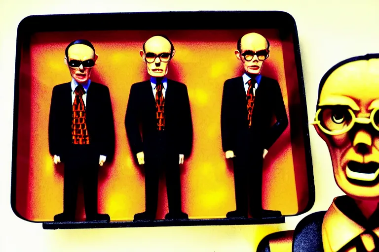 Image similar to image of gilbert and george being possessed by the ghost of alan turing, chromatic noise, stop motion vinyl action figure, plastic, toy, butcher billy style