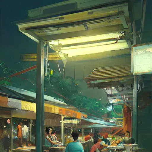 Image similar to a singaporean hawker centre at night, by greg rutkowski, digital art, award - winning