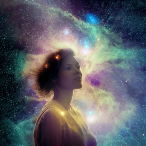 Prompt: photo of a woman as a nebula surrounded by stars