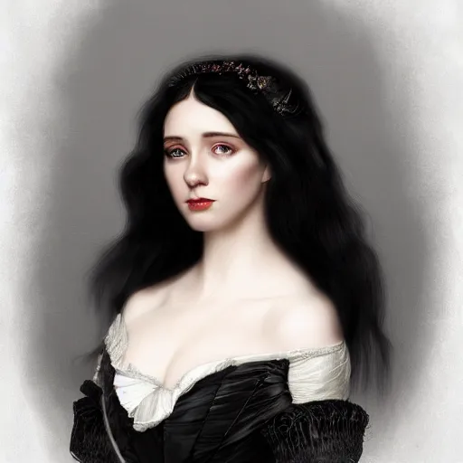 Image similar to a beautiful young woman, pale skin, black long hair, aristocrat, black expensive dress from 1 8 6 0, digital art, studio photo, realistic, artstation, high quality, wild west