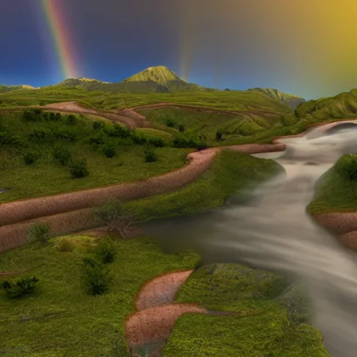 Image similar to photorealistic valley with rainbow river , volumetric lightning