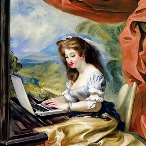 Image similar to heavenly summer sharp land sphere scallop well dressed lady working on her laptop while drinking a starbucks coffee, auslese, by peter paul rubens and eugene delacroix and karol bak, hyperrealism, digital illustration, fauvist