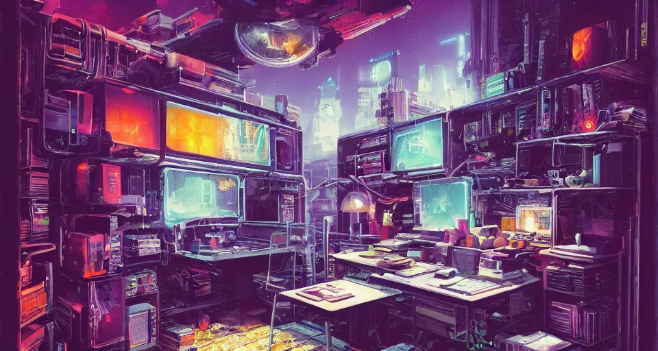 Image similar to IKEA catalogue photo of a cyberpunk bureau, by Paul Lehr