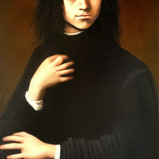Prompt: painting of a long black haired black eyed boy teenager with a black sweater, renaissance!!! painting!!!, ultra detailed, masterpiece, baroque