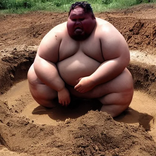 Prompt: a dramatic photo of a fat man who has dug a large hole and discovered the worlds largest yam. he is crying tears of joy.