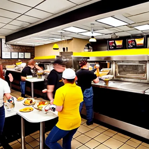 Image similar to busy wafflehouse interior with customers eating breakfast and wafflehouse employees serving food and cooking behind countertop