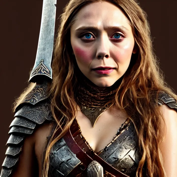 Image similar to professional full length photograph of elizabeth olsen as a barbarian warrior. Extremely detailed. 8k