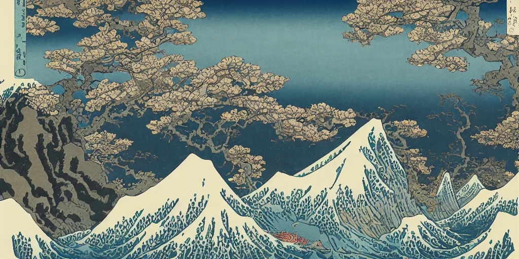 Prompt: beautiful idyllic poster illustration for a craggy snow valley national park, no trees, dragons in the sky, by hokusai