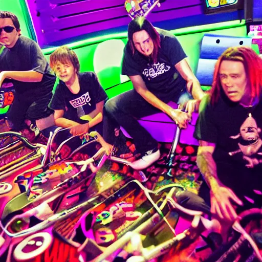 Prompt: “KoRn performing at a Chuck E Cheese, photorealistic”