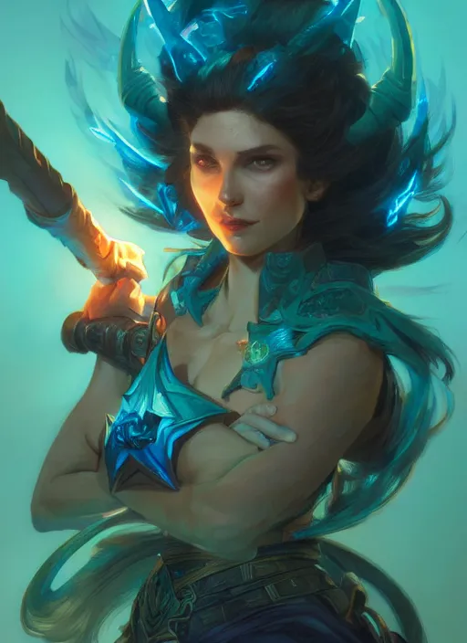 Image similar to Battleaxe glowing emanating teal energy, dungeons and dragons portrait, highly detailed, digital painting, artstation, concept art, sharp focus, illustration, art by artgerm and greg rutkowski and alphonse mucha, Unreal Engine, 8k, HD