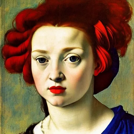 Prompt: fully clothed beautiful girl, she is wearing a blue dress, she has red hair, artemisia gentileschi