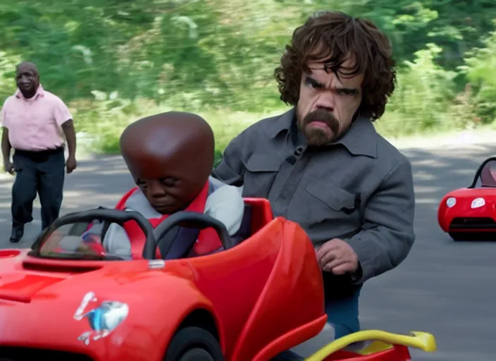 Image similar to peter dinklage racing gary coleman driving a little tikes cars, movie still, from the new fast and furious movie, 8 k, realistic