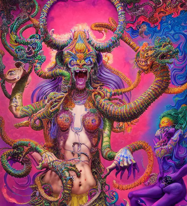 Image similar to lisa frank blotter acid fantasy character portrait of kali ma, ultra realistic, wide angle, intricate details, dharma artifacts, aum, highly detailed by hr giger, peter mohrbacher, wayne barlowe, boris vallejo, hajime sorayama aaron horkey, gaston bussiere, craig mullins