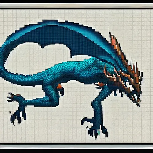 Image similar to blueprint of a fantasy dragon pixel art