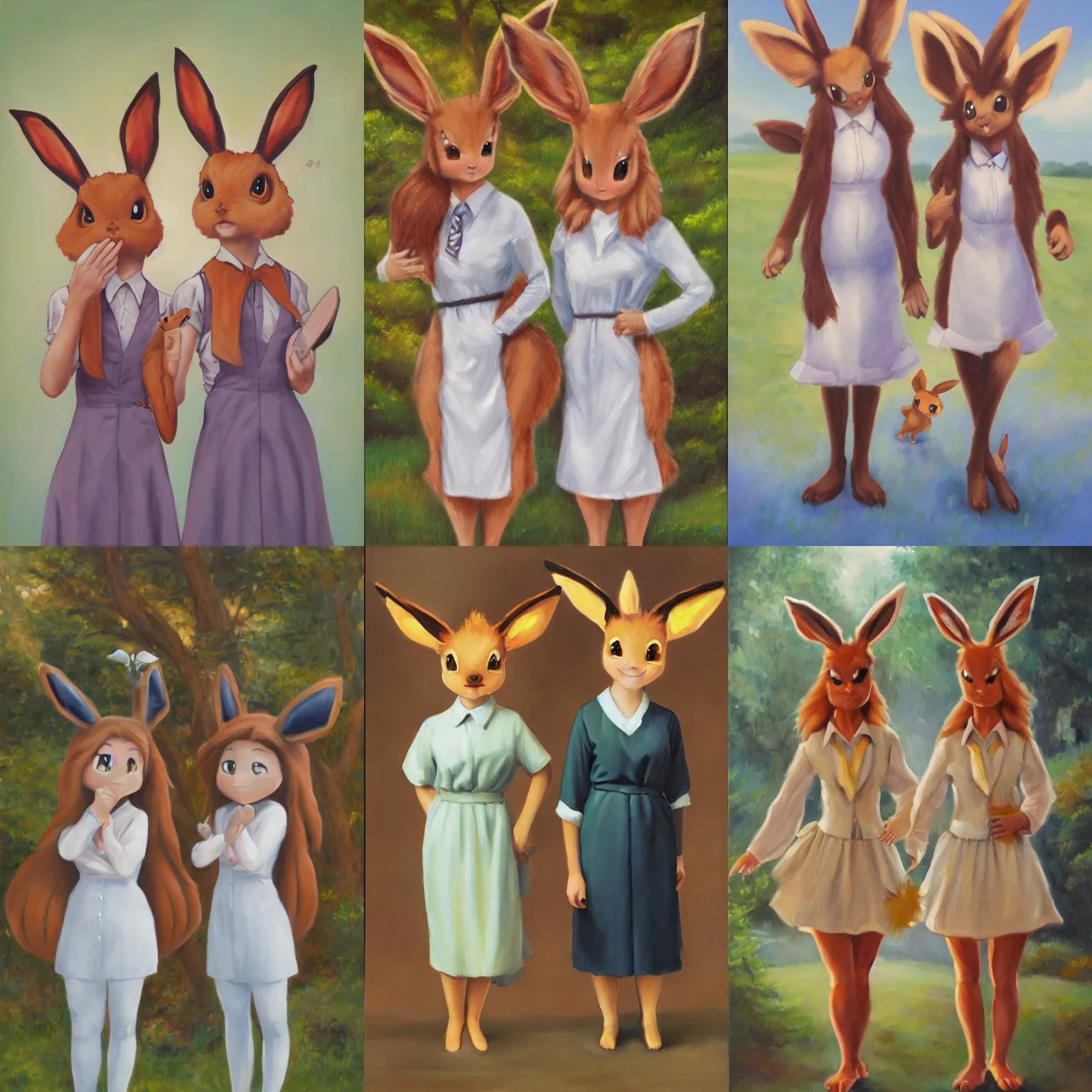 Prompt: oil painting of a pair of anthropomorphic eevee (((mormon missionary))) girls