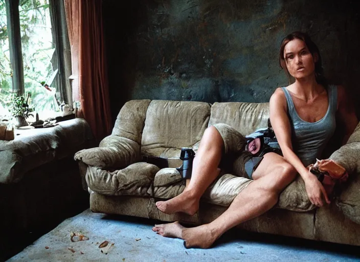 Image similar to Lara Croft relaxing on the couch, Gregory Crewdson, Joel Sternfeld