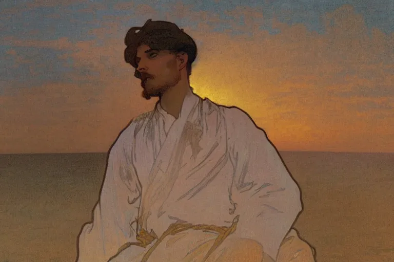 Image similar to a matte painting of a man watching the sunset by the beach, by alphonse mucha, muted colors