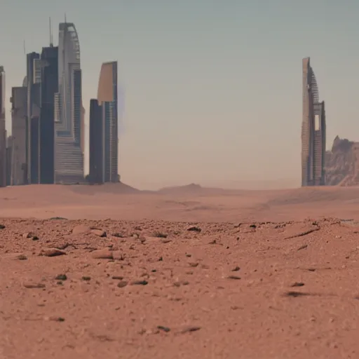 Image similar to photo still of a megacity on mars, 8 k, 8 5 mm f 1. 8