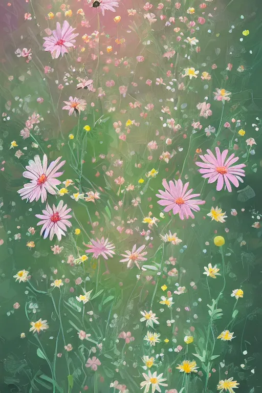 Image similar to beautiful digital matter cinematic painting of whimsical botanical illustration daisies and pearls by greg rutkowki and alena aenami artstation