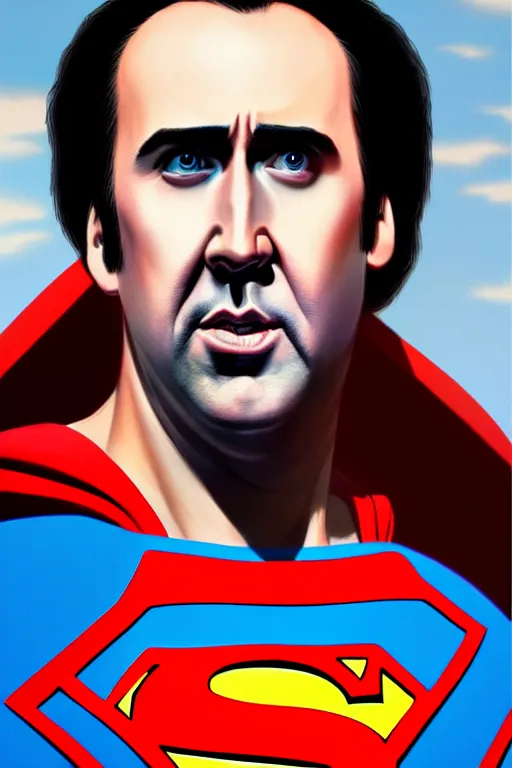 Prompt: portrait of nicolas cage as superman looking away from the camera, intricate, extremely detailed digital painting by greg rutkowski, artstation