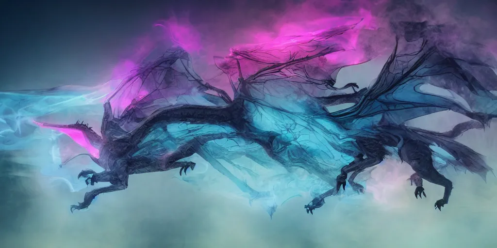 Prompt: dimly lit muted multi-color smoke (blues, greens), muted neon smoke, smoke (very smoky transparent outline) reminiscent shape of fierce racing dragon with large outstretched wings flying, a distant vague city park faint landscape in the background, photographic, stunning, inspiring, super high energy, swift, fast, fleeting, 8K, 4K, UE5