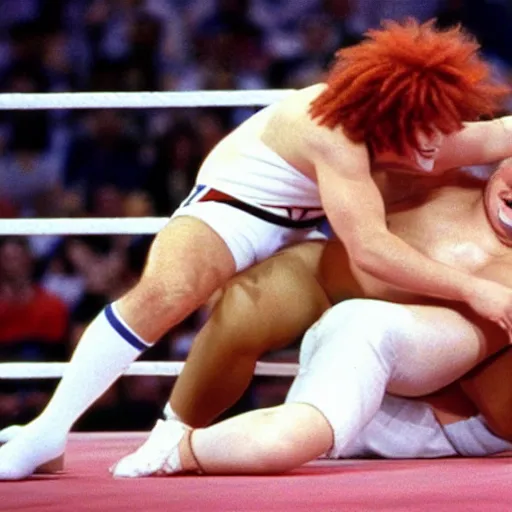 Image similar to A 1990s still of Ronald McDonald and Colonel Sanders wrestling in WWE