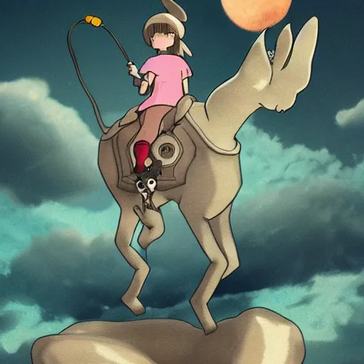 Image similar to a girl riding a giant rabbit. the girl has short hair and black eyes. digital art. in the style of miyazaki. 4 k. trending on artstation.