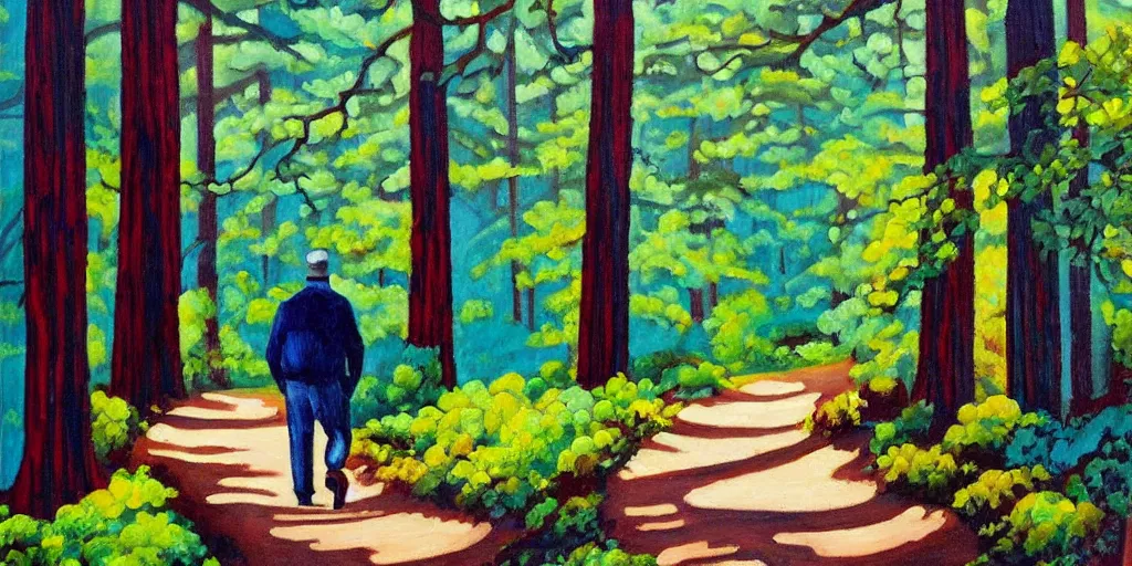 Prompt: a stunning wpa style painting of a man walking down a path in a redwood forest, award winning art