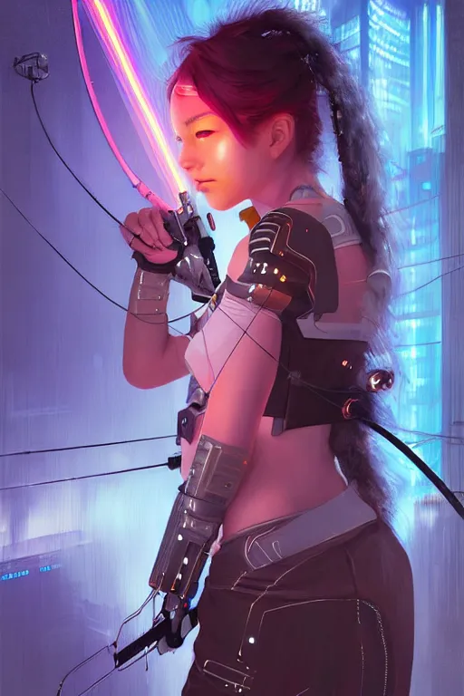 Image similar to portrait futuristic adorable cyberpunk young female archer, in futuristic stormy thunder light tokyo rooftop cyberpunk night, ssci-fi, fantasy, intricate, very very beautiful, elegant, neon light, highly detailed, digital painting, artstation, concept art, soft light, hdri, smooth, sharp focus, illustration, art by tian zi and craig mullins and WLOP and alphonse mucha