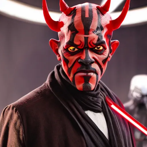 Prompt: a film still of samuel l. jackson starring in a blockbuster film as darth maul from star wars, shallow depth of field, cinematic, award winning cgi, vfx, film still