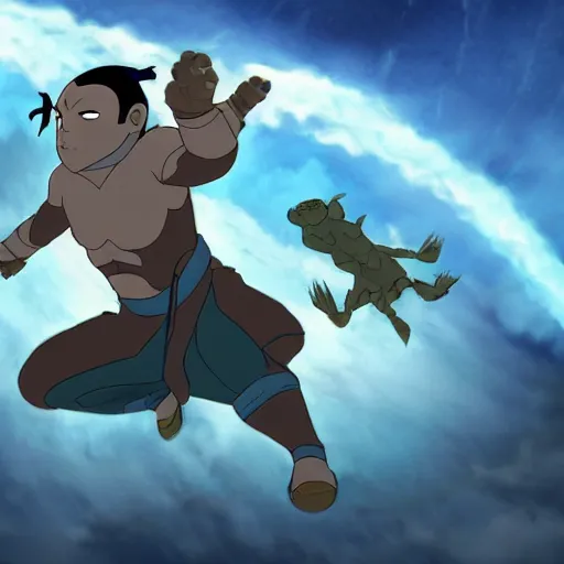 Image similar to tardigrade-like flying bison with aang as air-nomads; The Avatar: The Last Airbender and The Avatar: The Legend of Korra