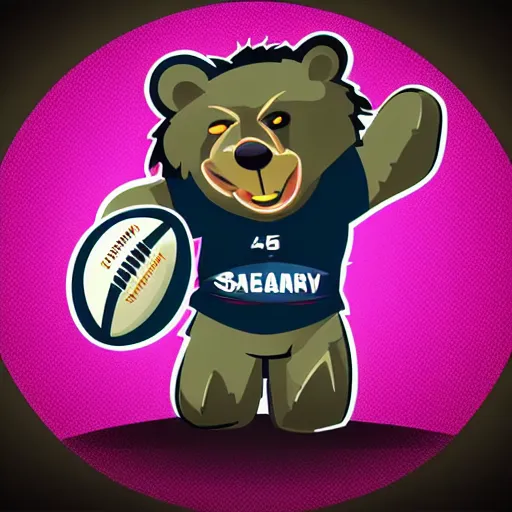 Image similar to A team mascot bear holding a rugby ball, fierce, angry, hairy, vector, vectorised, professional graphic design