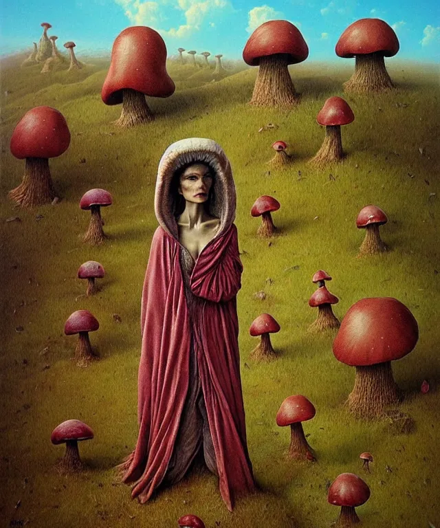 Image similar to A detailed funguswoman stands among the mushroom hills. Wearing a ripped mantle, robe. Perfect faces, extremely high details, realistic, fantasy art, solo, masterpiece, art by Pauline Baynes, Zdzisław Beksiński